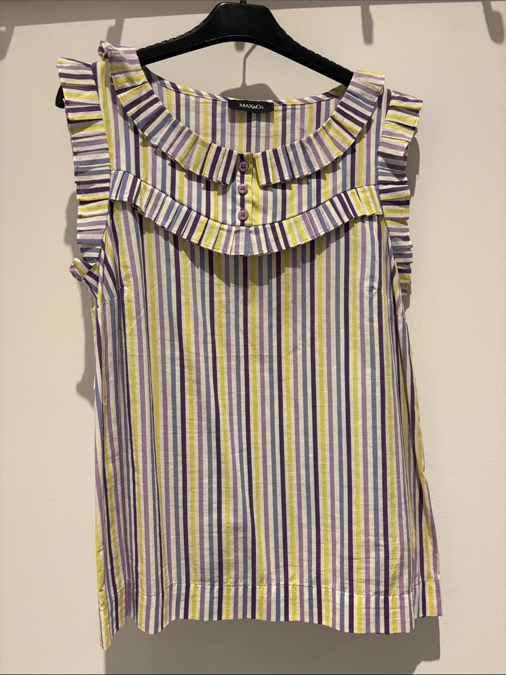 MaxMara Lavender and Yellow Striped Ruffle-Trim Tank